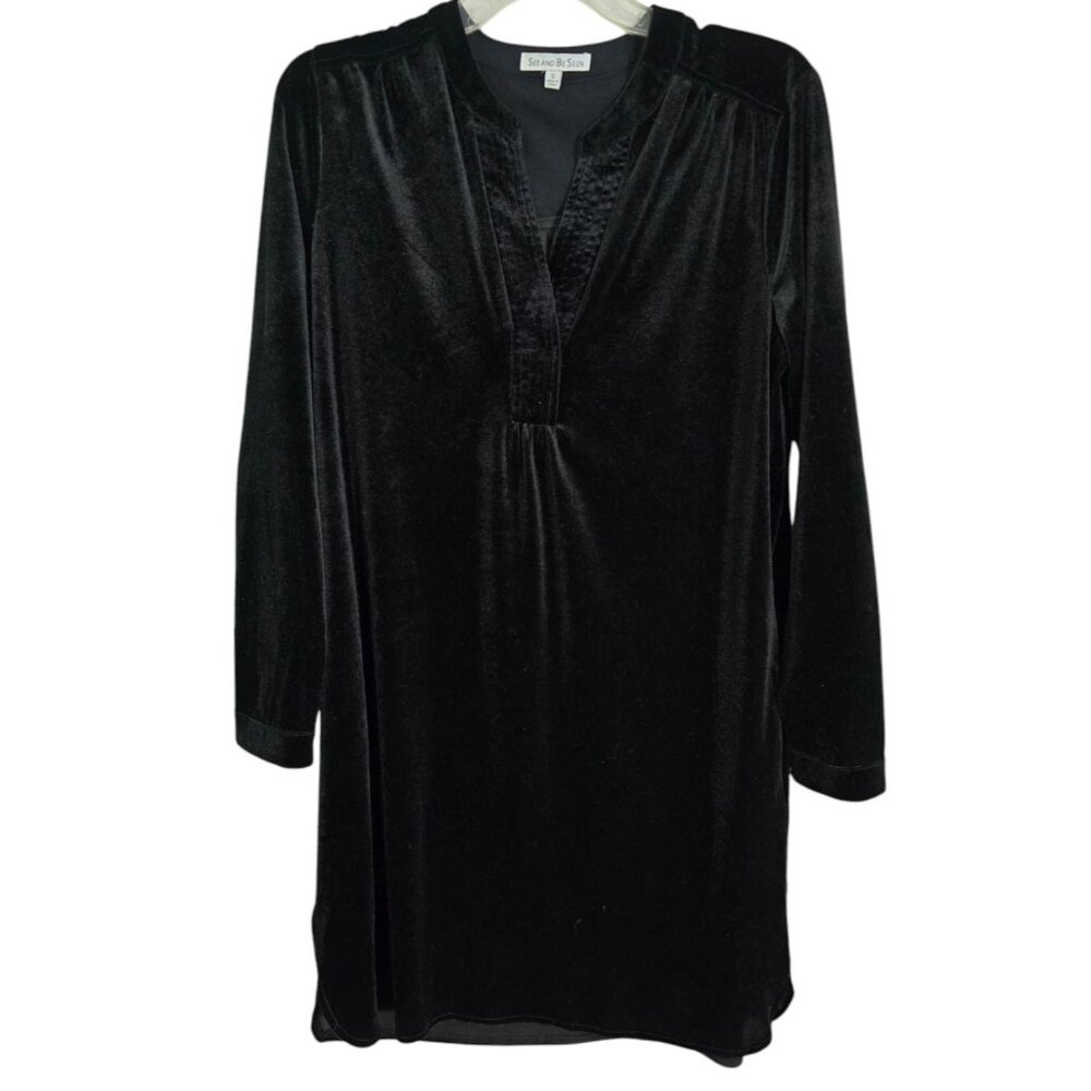 See And Be Seen Womens Black Velvet Shirt Dress Split Neck Long Sleeve Size S